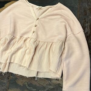 Listicle Beige thermal knit pullover shirt ribbed knit boho Ruffle Hem Medium M